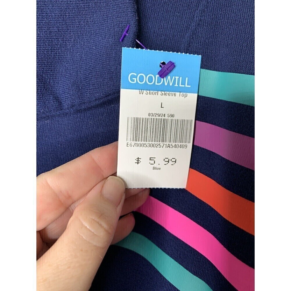 Lands End Serious Sweats Sweatshirt 90's Striped Womens Sz L 14/16 Retro Blue - Picture 9 of 9